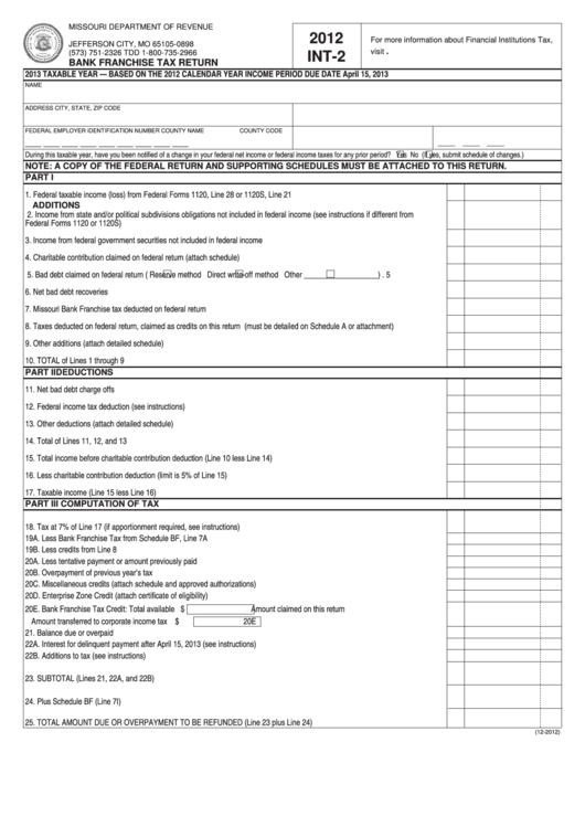 Fillable Form Int-2 - Bank Franchise Tax Return - 2012 Printable pdf