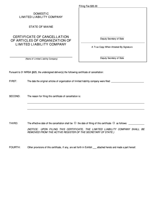 Fillable Form Mllc-11c - Domestic Limited Liability Company Certificate Of Cancellation Of Articles Of Organization Of Limited Liability Company Printable pdf