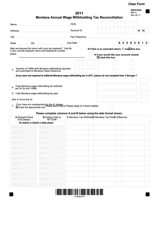 Fillable Form Mw-3 - Montana Annual Wage Withholding Tax Reconciliation - 2011 Printable pdf