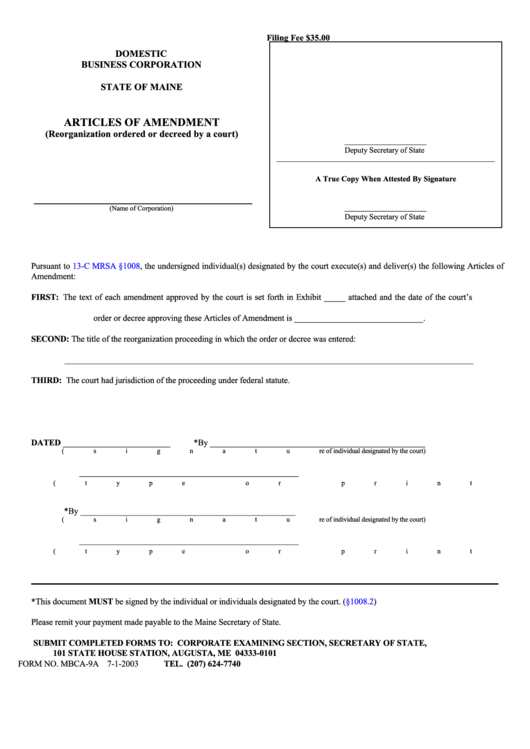 Fillable Form Mbca-9a - Domestic Business Corporation Articles Of Amendment (Reorganization Ordered Or Decreed By A Court) - 2003 Printable pdf