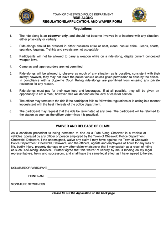 Fillable Ride-Along Application - Town Of Cheswold Police Department Printable pdf