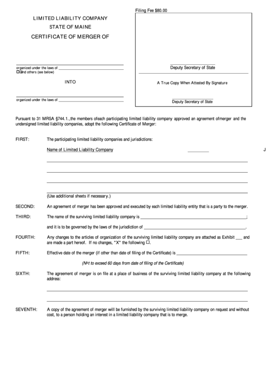Fillable Form Mllc-10 - Limited Liability Company Certificate Of Merger Printable pdf