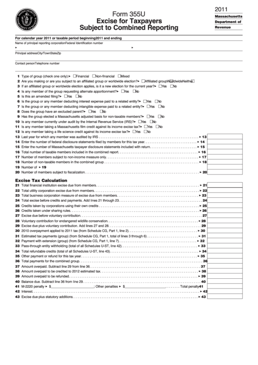 Form 355u - Excise For Taxpayers Subject To Combined Reporting - 2011 Printable pdf