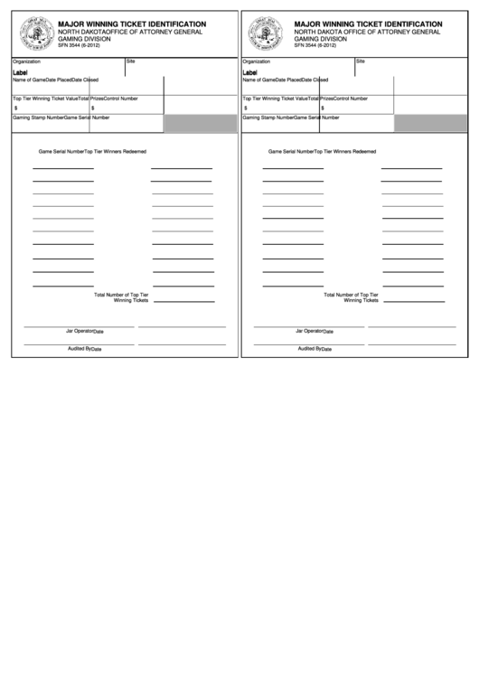 Form Sfn 3544 - Major Winning Ticket Identification - North Dakota Office Of Attorney General Printable pdf