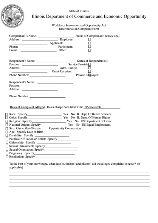 Discrimination Complaint Form - Illinois Department Of Commerce And Economic Opportunity Printable pdf