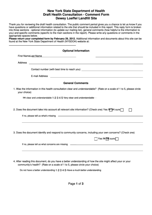 Draft Health Consultation - Comment Form - New York State Department Of Health Printable pdf