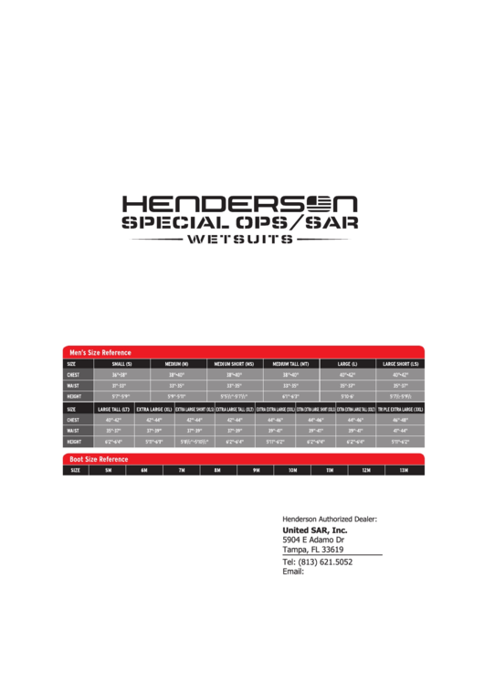 Henderson Special Ops/sar Wetsuit Size Chart Printable pdf