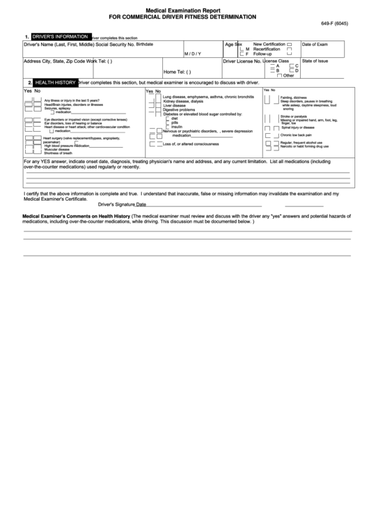 Form 649-F - Medical Examination Report For Commercial Driver Fitness Determination Printable pdf