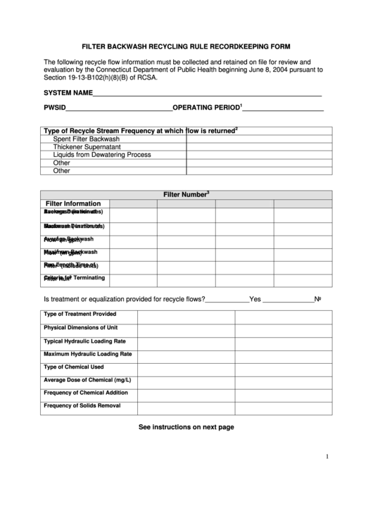 Fillable Filter Backwash Recycling Rule Recordkeeping Form - Connecticut Department Of Public Health Printable pdf