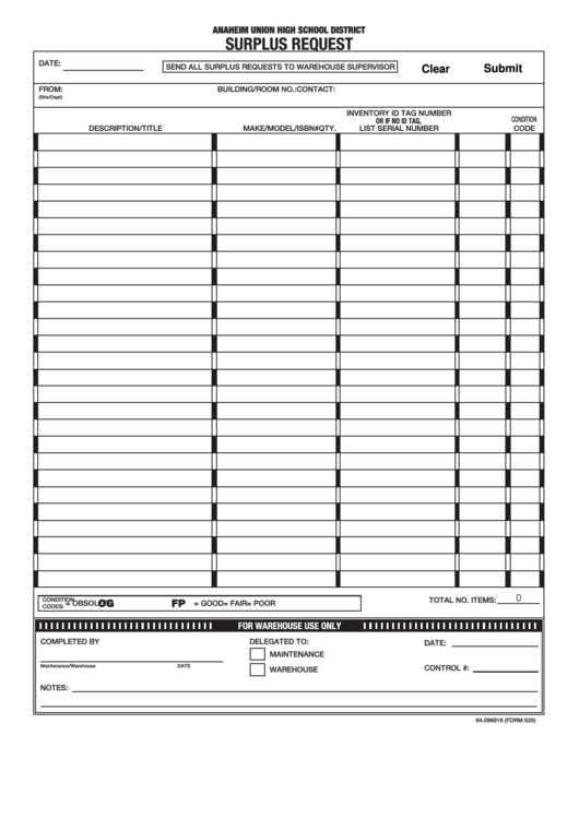 Fillable Form 625 - Surplus Request Printable pdf