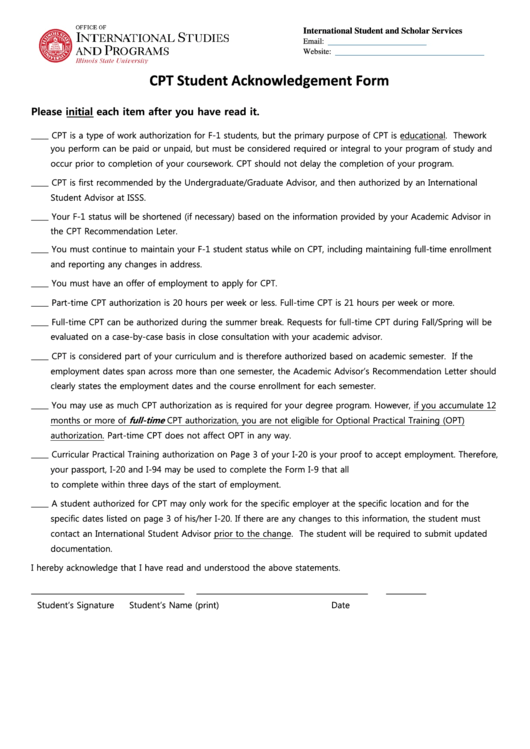 Fillable Cpt Student Acknowledgement Form Printable pdf