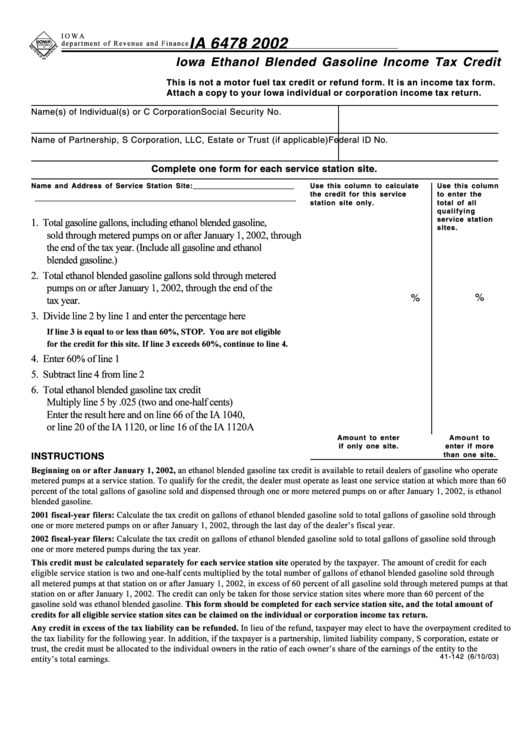 Form Ia 6478 - Iowa Ethanol Blended Gasoline Income Tax Credit - 2002 Printable pdf
