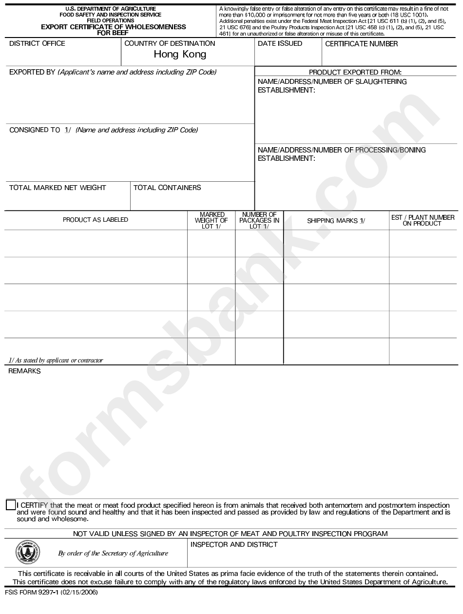 Fsis Form 9297-1 - Export Certificate Of Wholesomeness For Beef - U.s. Department Of Agriculture