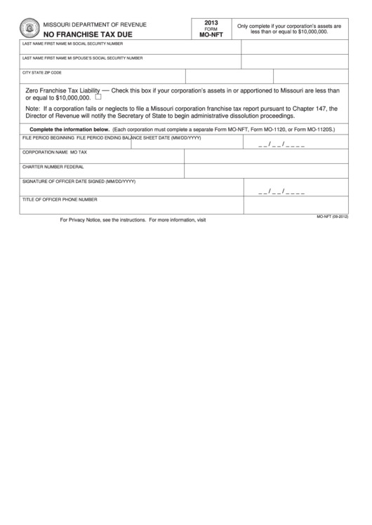 Fillable Form Mo-Nft - No Franchise Tax Due - 2013 Printable pdf
