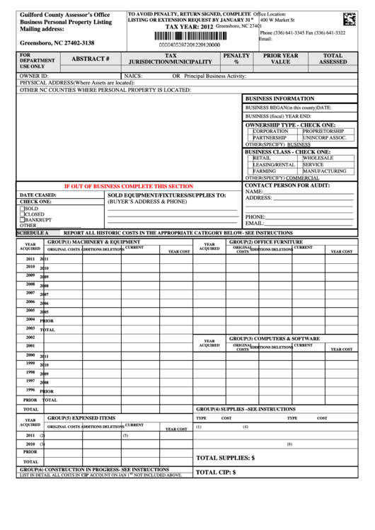Business Personal Property Listing - Guilford County - 2012 Printable pdf