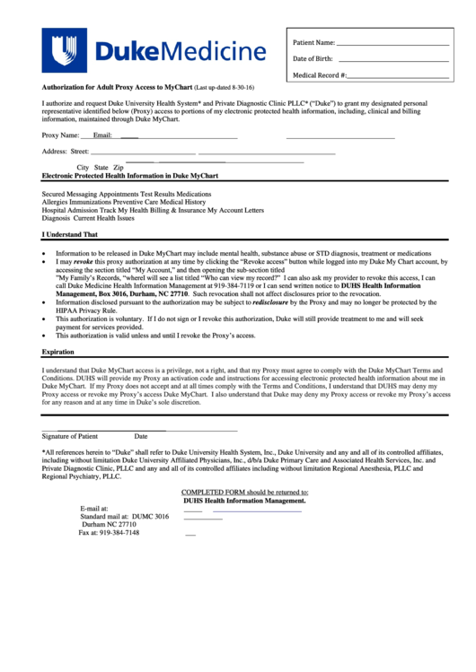 Authorization For Adult Proxy Access To Mychart Form - Duke University Printable pdf