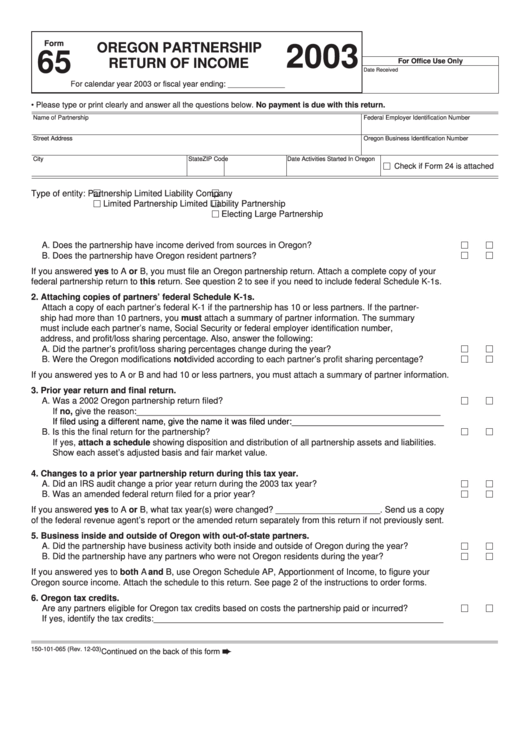 Form 65 - Oregon Partnership Return Of Income - 2003 Printable pdf