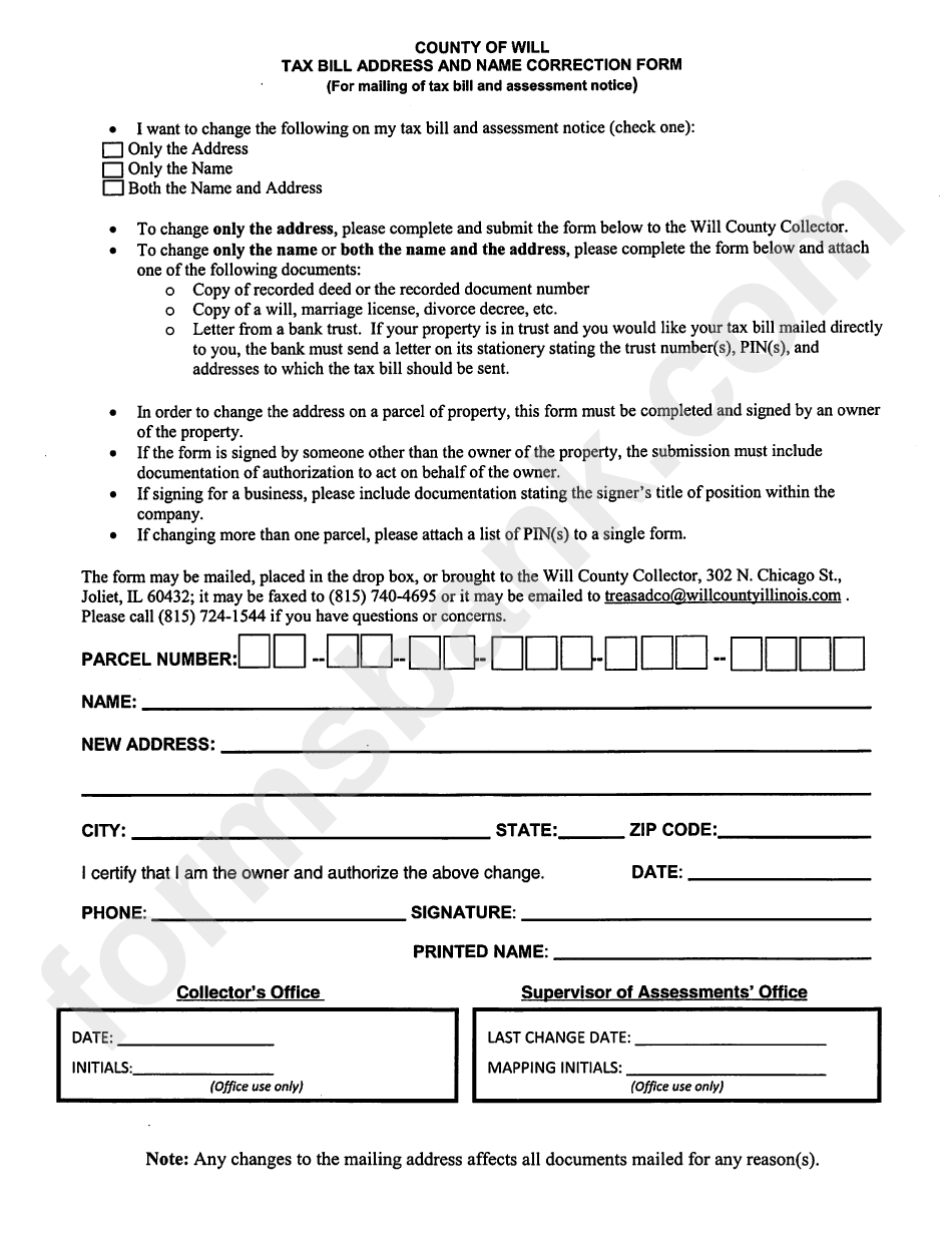 Tax Bil Address And Name Correction Form - County Of Will