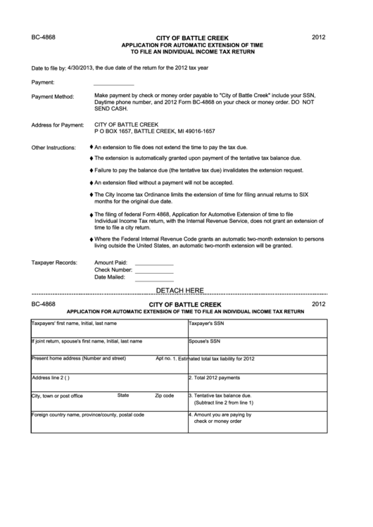 Form Bc-4868 - Application For Automatic Extension Of Time To File An Individual Income Tax Return - 2012 Printable pdf