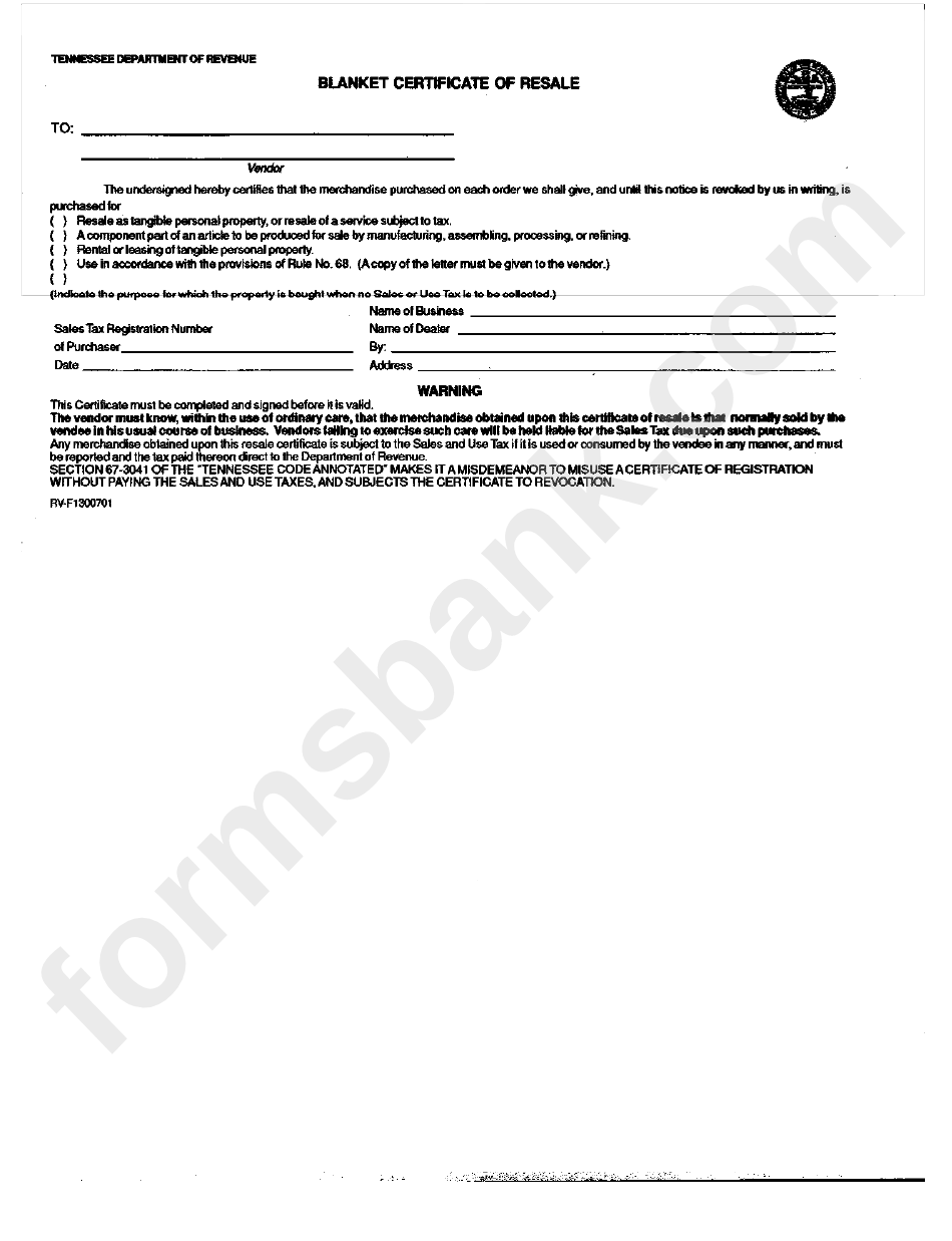 Form Rv F1300701 Blanket Certificate Of Resale printable pdf download