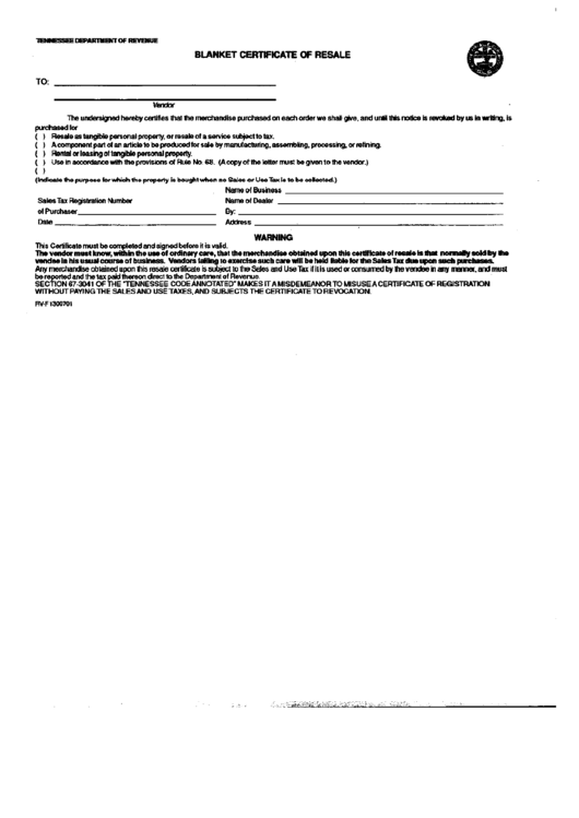 Form Rv-F1300701 - Blanket Certificate Of Resale Printable pdf