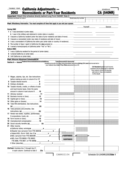 Schedule Ca (540nr) - California Adjustments - Nonresidents Or Part-Year Residents - 2002 Printable pdf