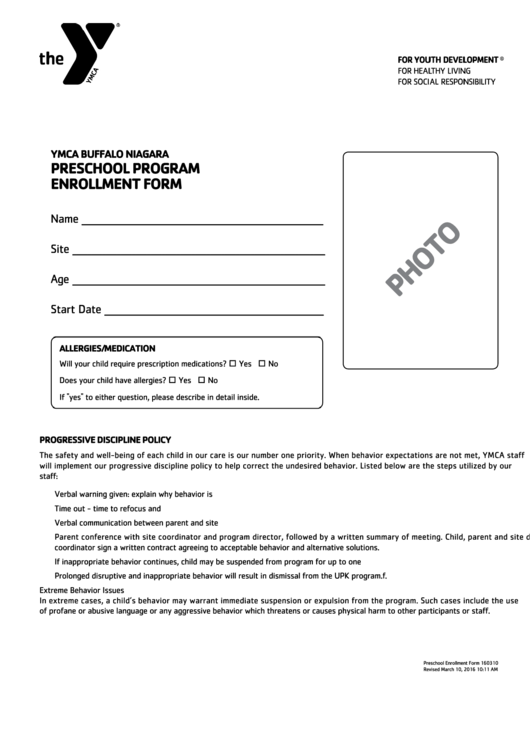 Preschool Program Enrollment Form - Ymca Buffalo Niagara Printable pdf