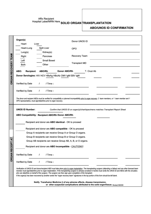 Solid Organ Transplantation Abo/unos Id Confirmation Form Printable pdf