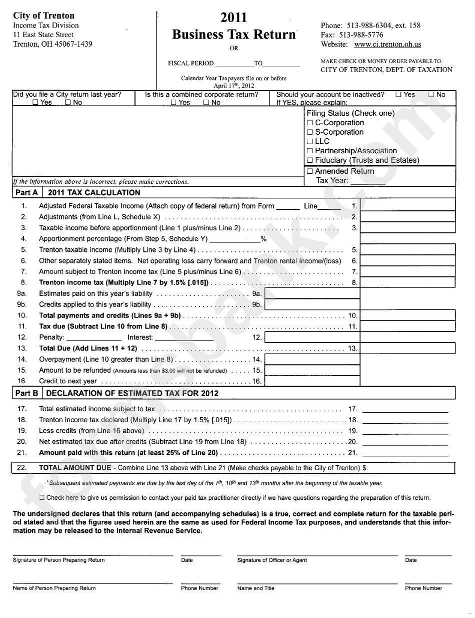 Business Tax Return City Of Trenton 2011 printable pdf download