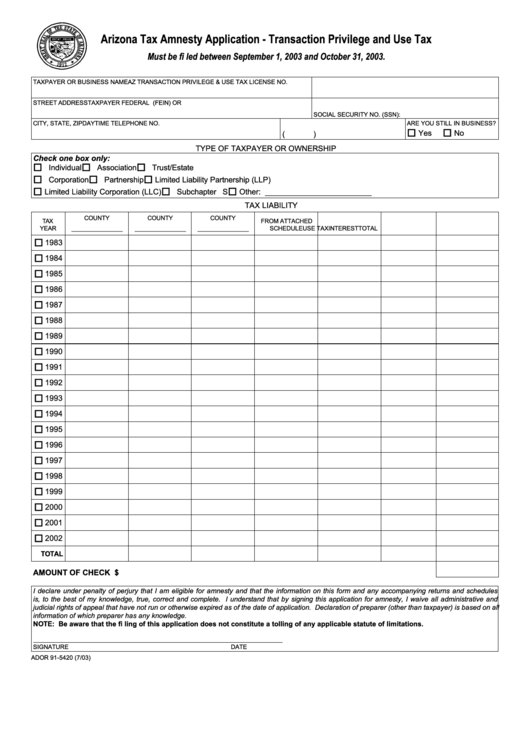 Form Ador 91-5420 - Arizona Tax Amnesty Application - Transaction Privilege And Use Tax Printable pdf