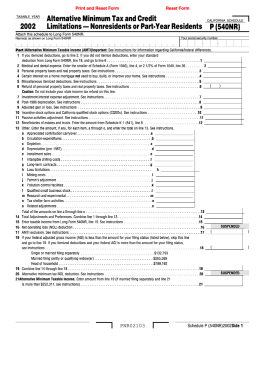 Fillable California Schedule P (540nr) - Alternative Minimum Tax And Credit Limitations Nonresidents Or Part-Year Residents - 2002 Printable pdf
