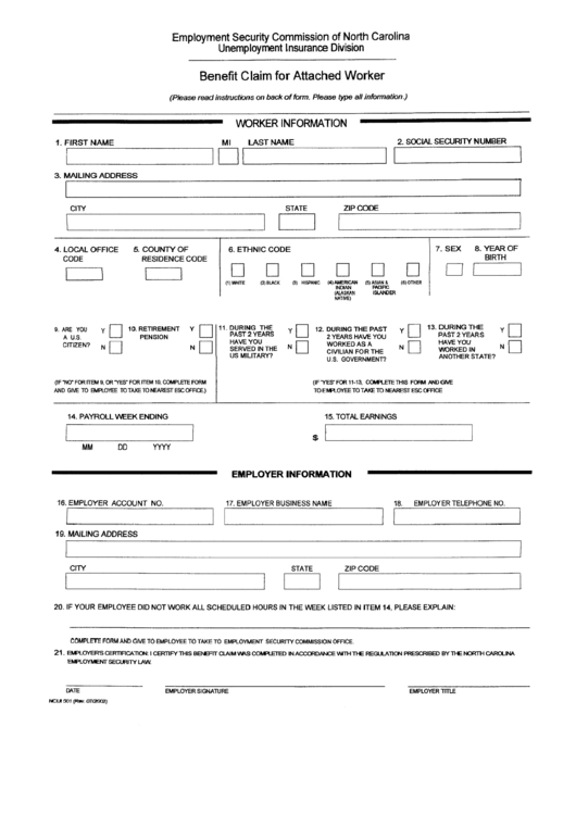 Form Ncui 501 - Benefit Claim For Attached Worker Printable pdf