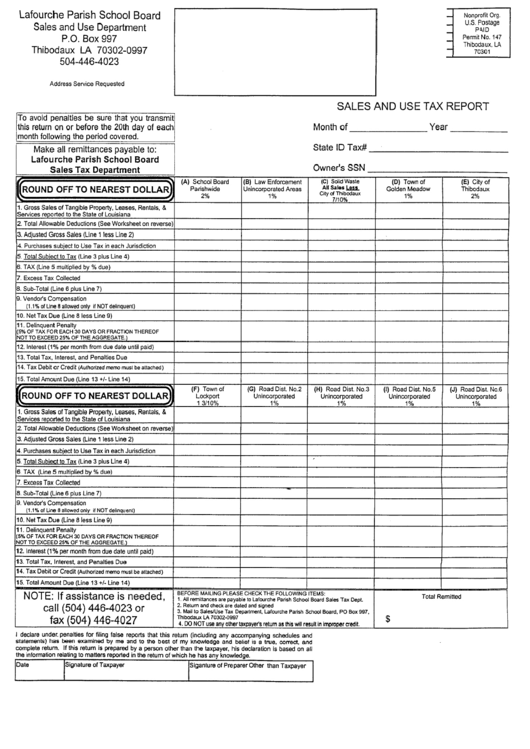 Sales And Use Tax Report - Lafourche Parish Printable pdf
