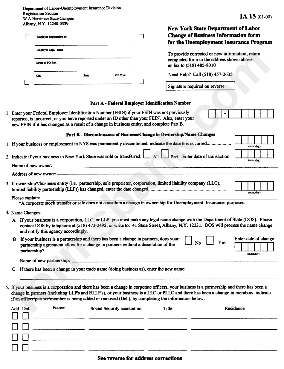 Form Ia 15 - Change Of Business Information Form For Unemployment Insurance Program