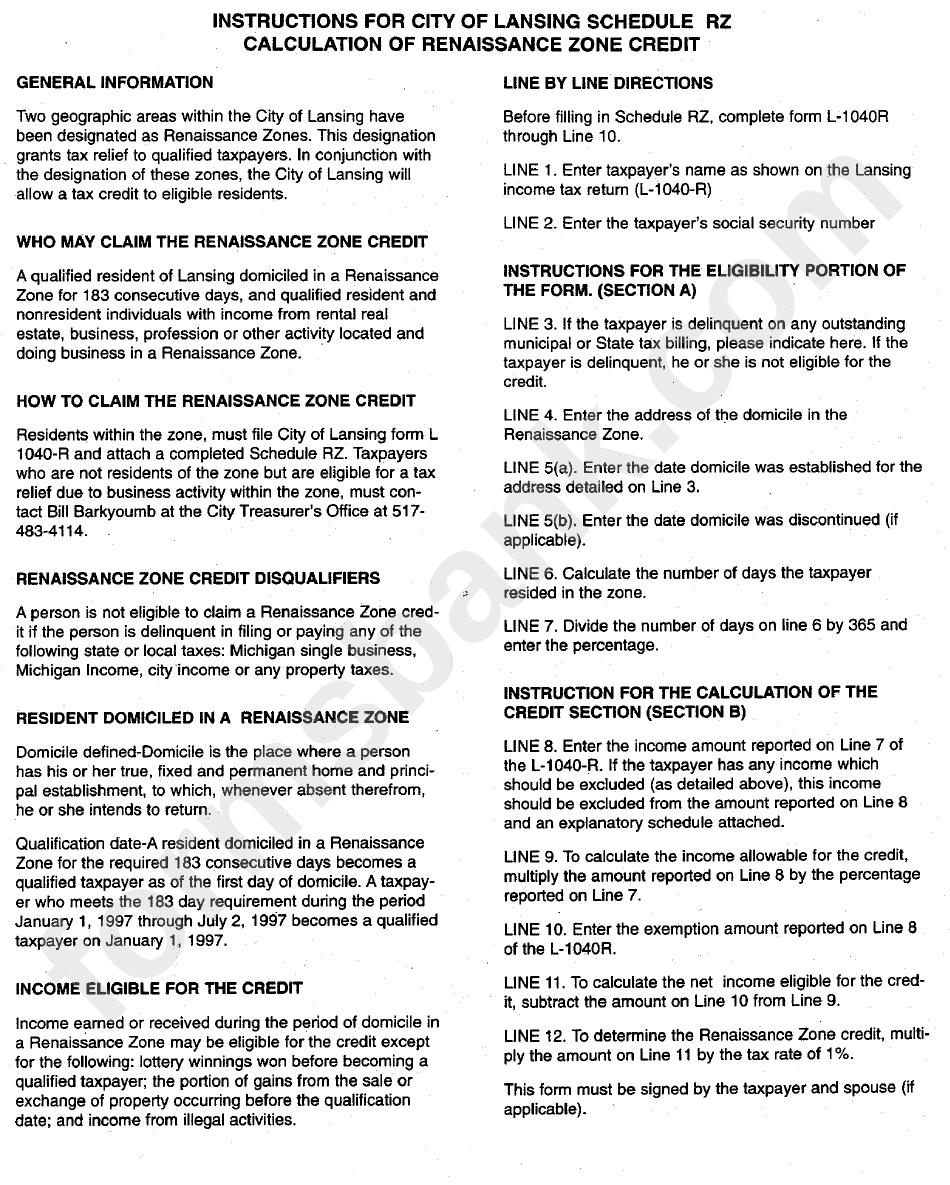 Instructions For City Of Lansing Schedule Rz Calculation Of Renaissance Zone Credit