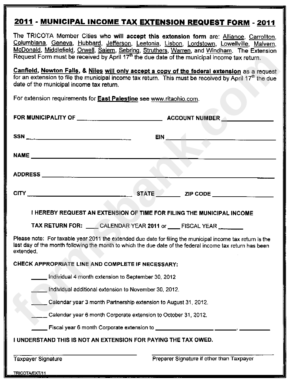 Municipal Income Tax Extension Request Form - 2011