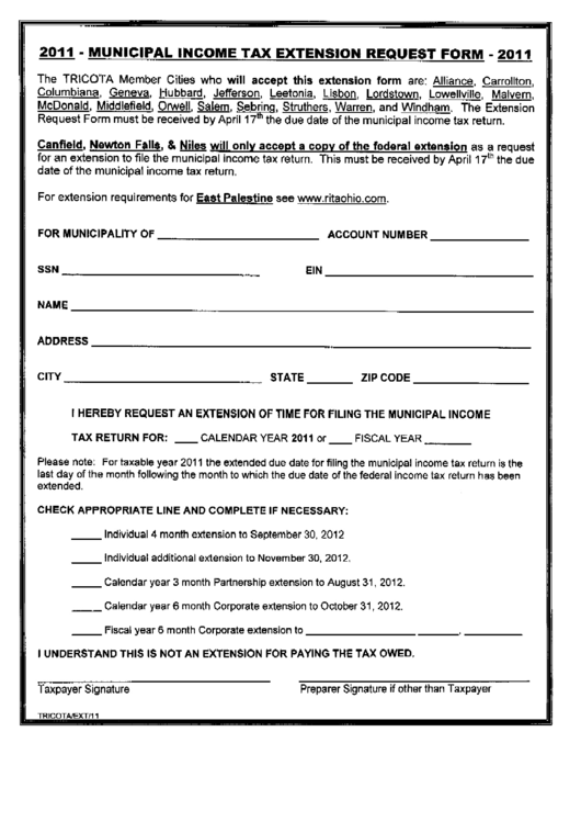 Municipal Income Tax Extension Request Form - 2011 Printable pdf