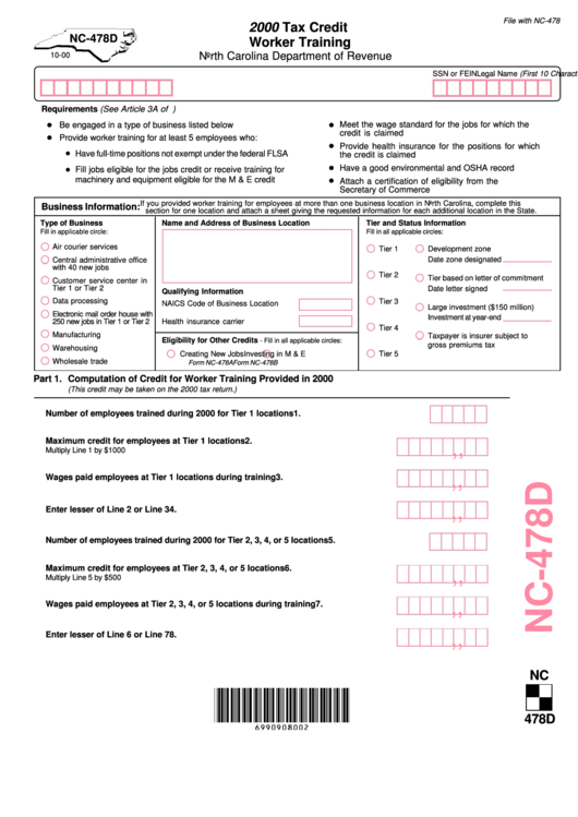 Form Nc-478d - Tax Credit Worker Training - 2000 Printable pdf