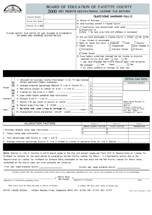 Form 228-S - Net Profits Occupational License Tax Return - Fayette County - 2000 Printable pdf
