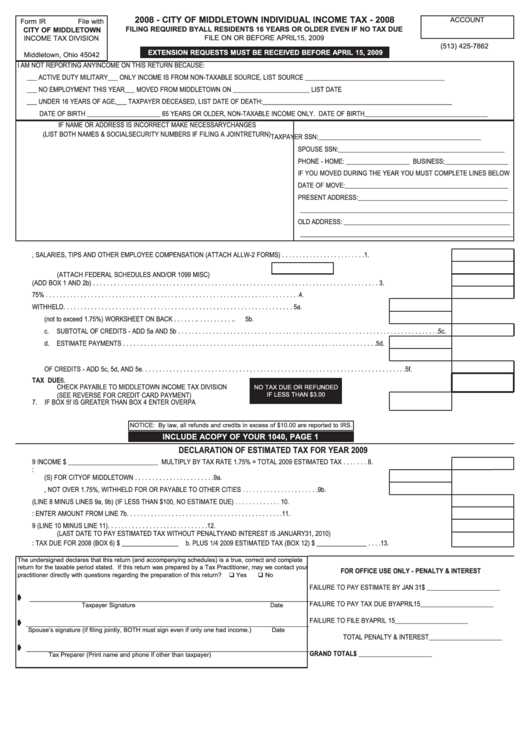 Form Ir - City Of Middletown Individual Income Tax - 2008 Printable pdf