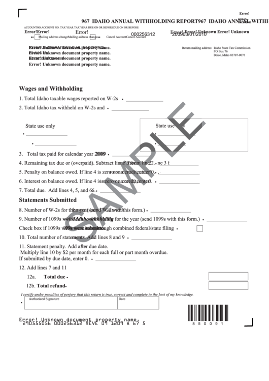 Form Ro967a - 967 Idaho Annual Withholding Report - 2009 Printable pdf