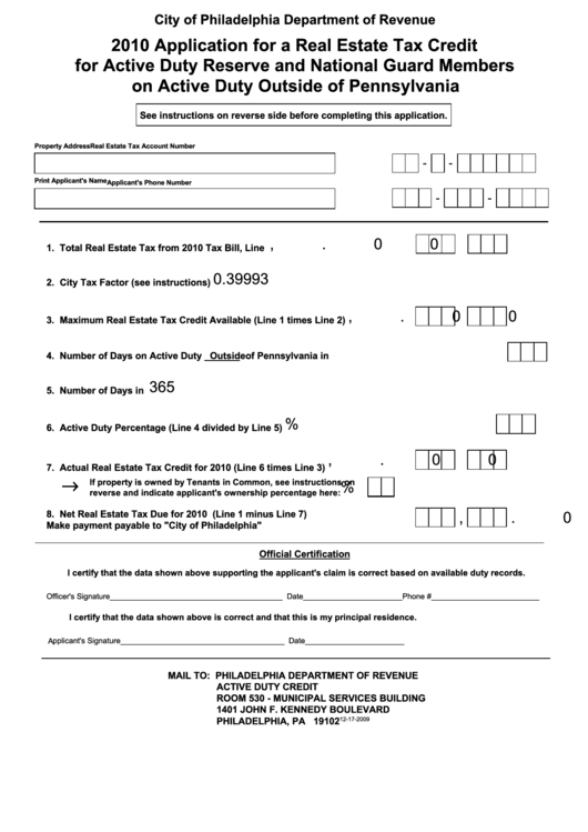 Application For A Real Estate Tax Credit For Active Duty Reserve And National Guard Members On Active Duty Outside Of Pennsylvania - City Of Philadelphia Department Of Revenue - 2010 Printable pdf