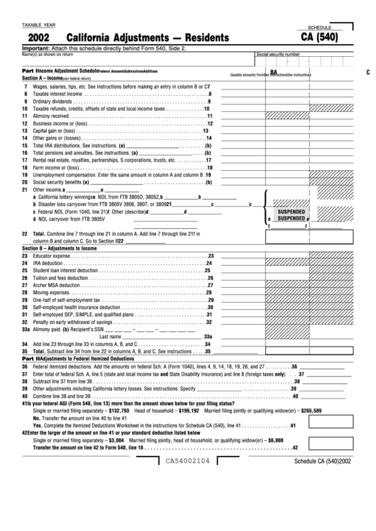 Schedule Ca (540) - California Adjustments - Residents - 2002 Printable pdf
