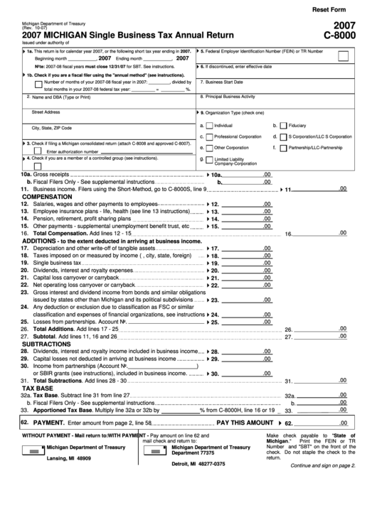 Fillable Form C-8000 - Michigan Single Business Tax Annual Return - 2007 Printable pdf