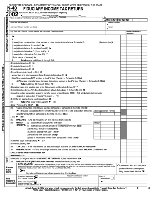 Form N-40 - Fiduciary Income Tax Return - 2002 Printable pdf