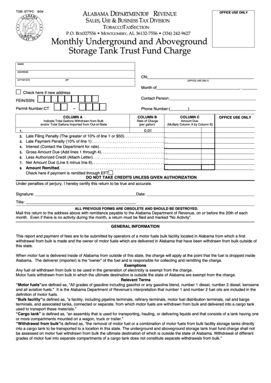 Form Tob: Sttfc - Monthly Underground And Aboveground Storage Tank Trust Fund Charge Printable pdf