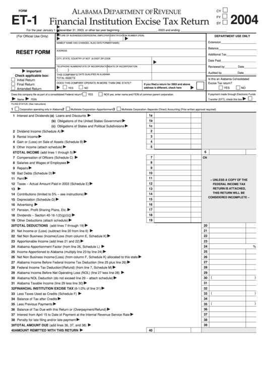 Fillable Form Et-1 - Financial Institution Excise Tax Return - 2004 Printable pdf