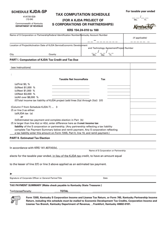 Form 41a720-S29 - Schedule Kjda-Sp - Tax Computation Schedule (For A Kjda Project Of S Corporations Or Partnerships) Printable pdf