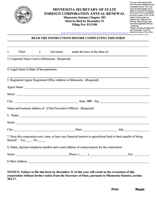 Fillable Foreign Corporation Annual Renewal Form Printable pdf