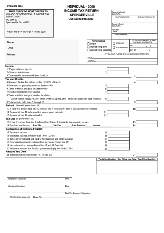Form Fr 1224 - Individual Income Tax Return - Spencerville - 2008 Printable pdf